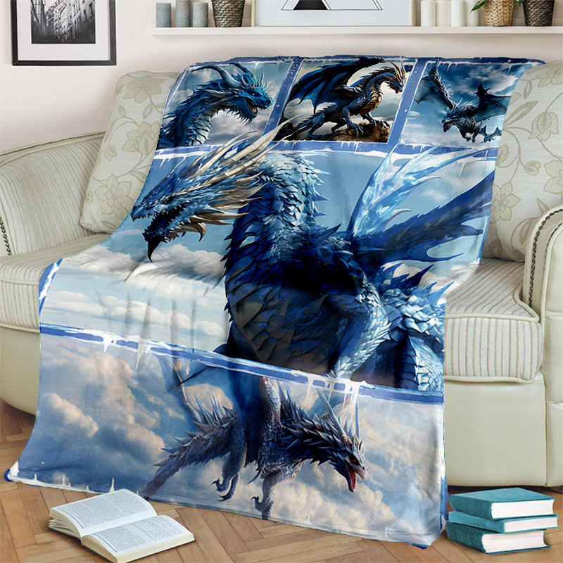 1pc Cozy Frost Dragon Print Blanket - Lightweight Flannel Throw For Sofa,  Bed, Travel, Camping, Livingroom, Office, Couch, Chair, And Bed - Digital Pr