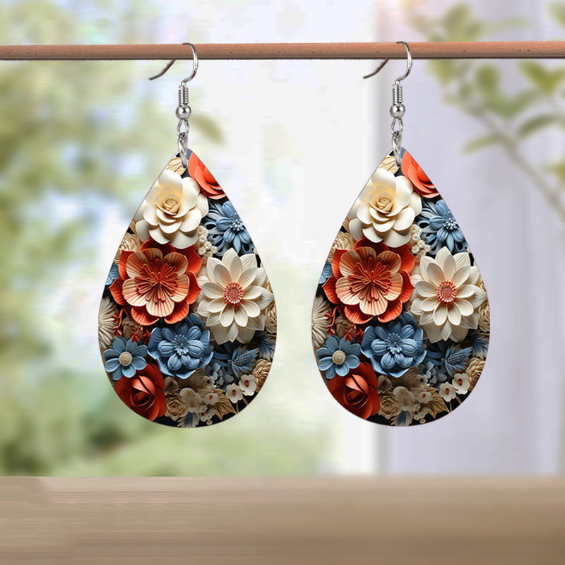 1 pair blue orange and   embossed flower leather earrings elegant charm earrings for women lightweight earrings jewelry 0