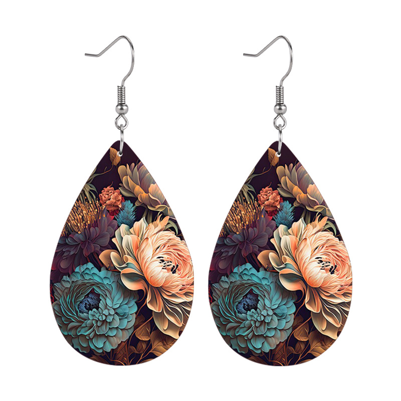 1 Pair Blue And Pink Flower Pattern Earrings For Women Teardrop Earrings Lightweight Synthetic Leather Earrings Jewelry