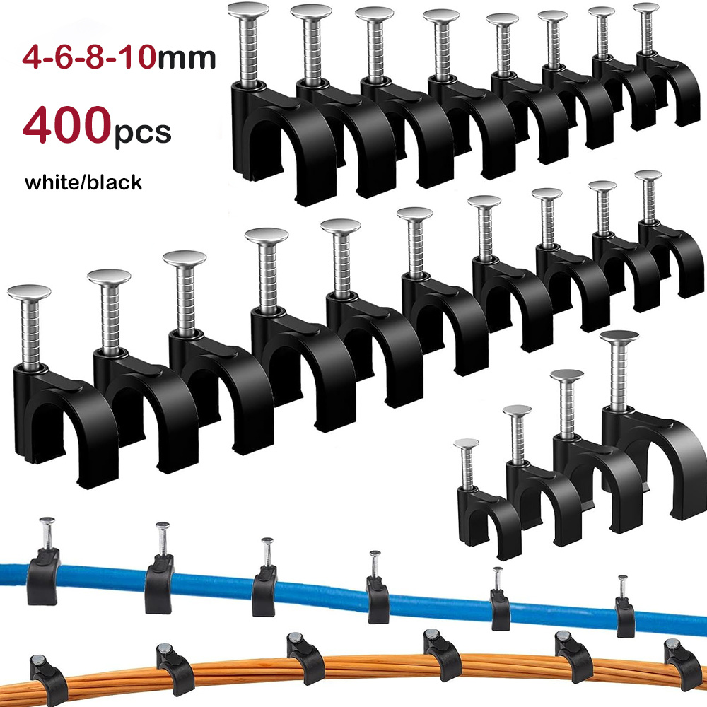 

400pcs Black Cable Clips 4/6/8/10mm Cable Wire Clips Nail In Cable Clips Cable Tacks Coaxial Nail Clamps Cable Nails For Cords Cable Management Rg6 Rg59 Cat6 Rj45 Ethernet Cable Clips Coaxial Clamps