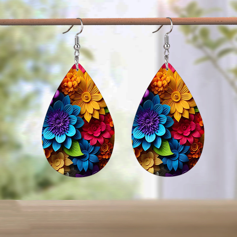 1 pair beautiful embossed flower leather earrings for women lightweight teardrop earrings jewelry gift for mother details 5