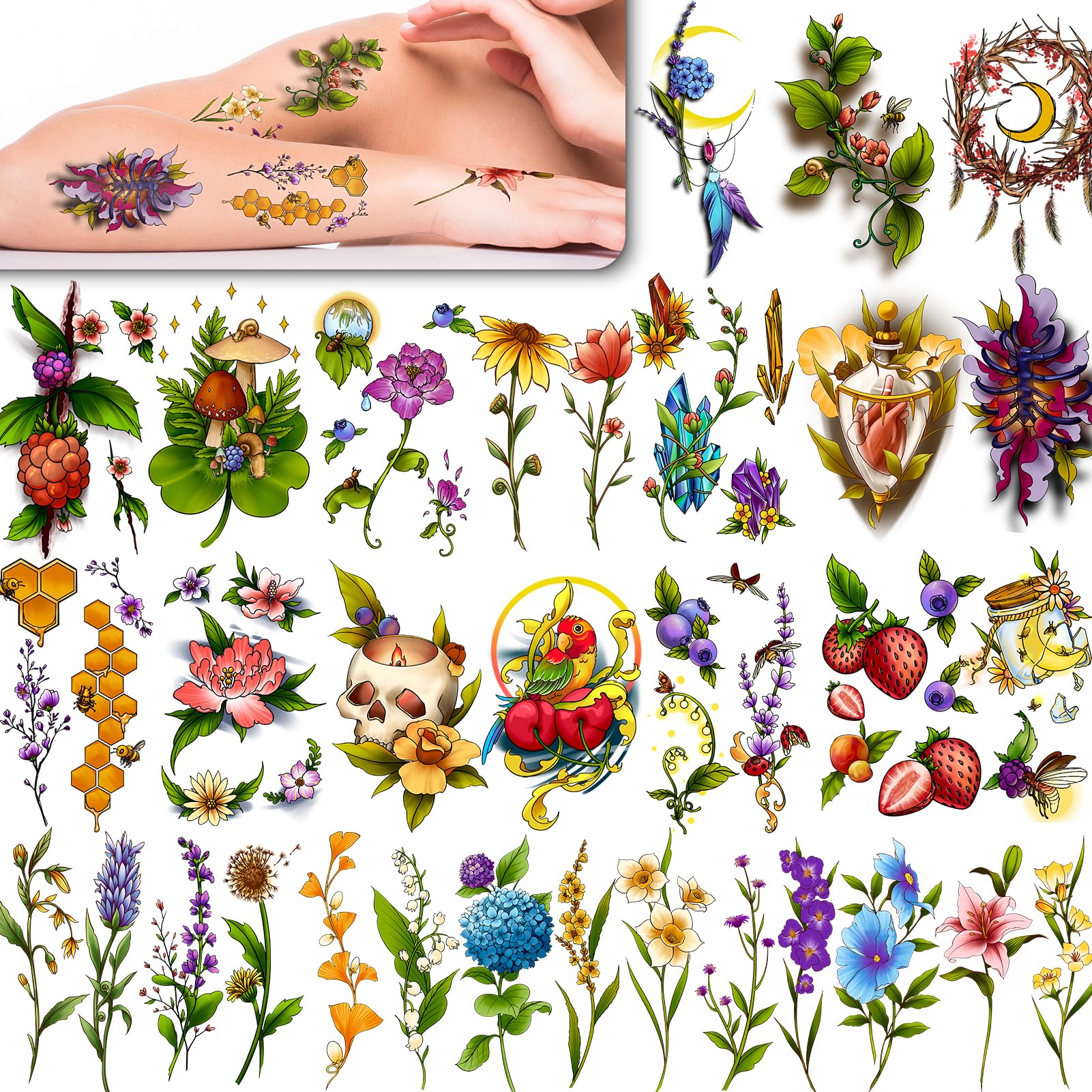 12 Sheets Temporary Tattoos For Women, Large Flower Fake Tattoos