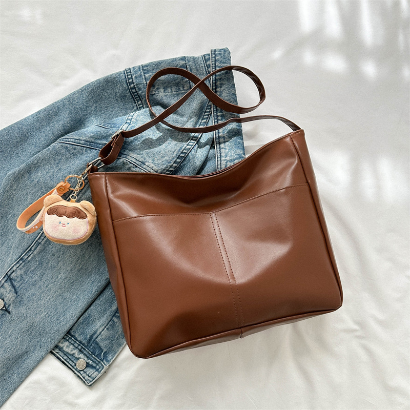 Solid Color Fashion Tote Bag, Large Capacity Pu Leather Shoulder Bag,  Vintage Casual Handbag - Temu