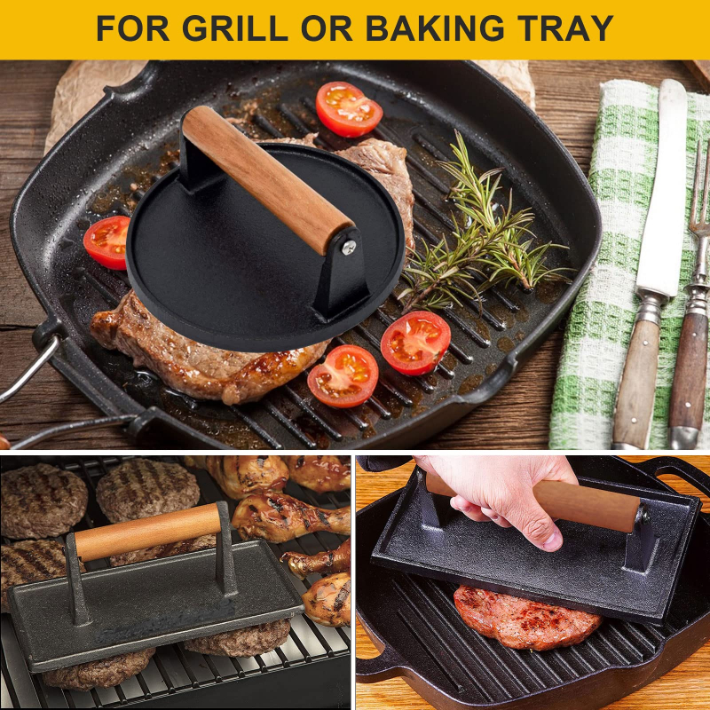 1pc Smash Burger Press, Bacon Press for Griddle, Round Cast Iron Grill Press  for Flat Top Grill, Rectangular Hamburger Smasher for Griddle, Food Meat  Press for Steak, Sandwich, Nonstick Pan