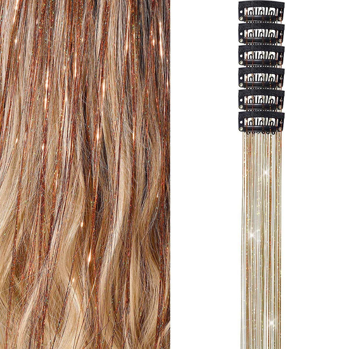 Fashion 6pcs Tinsel Hair Set With Laser Shining And Colorful Golden And Silvery Thread Bb Wig Piece For Christmas And Halloween Dressing