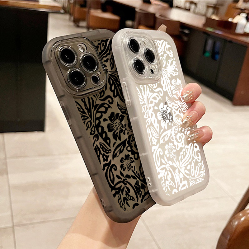 

2pcs Black And White Flowers Graphic Luxury Shockproof Phone Case For Iphone 15 14 13 12 11 Pro Max X Xr Xs 7 8 Plus