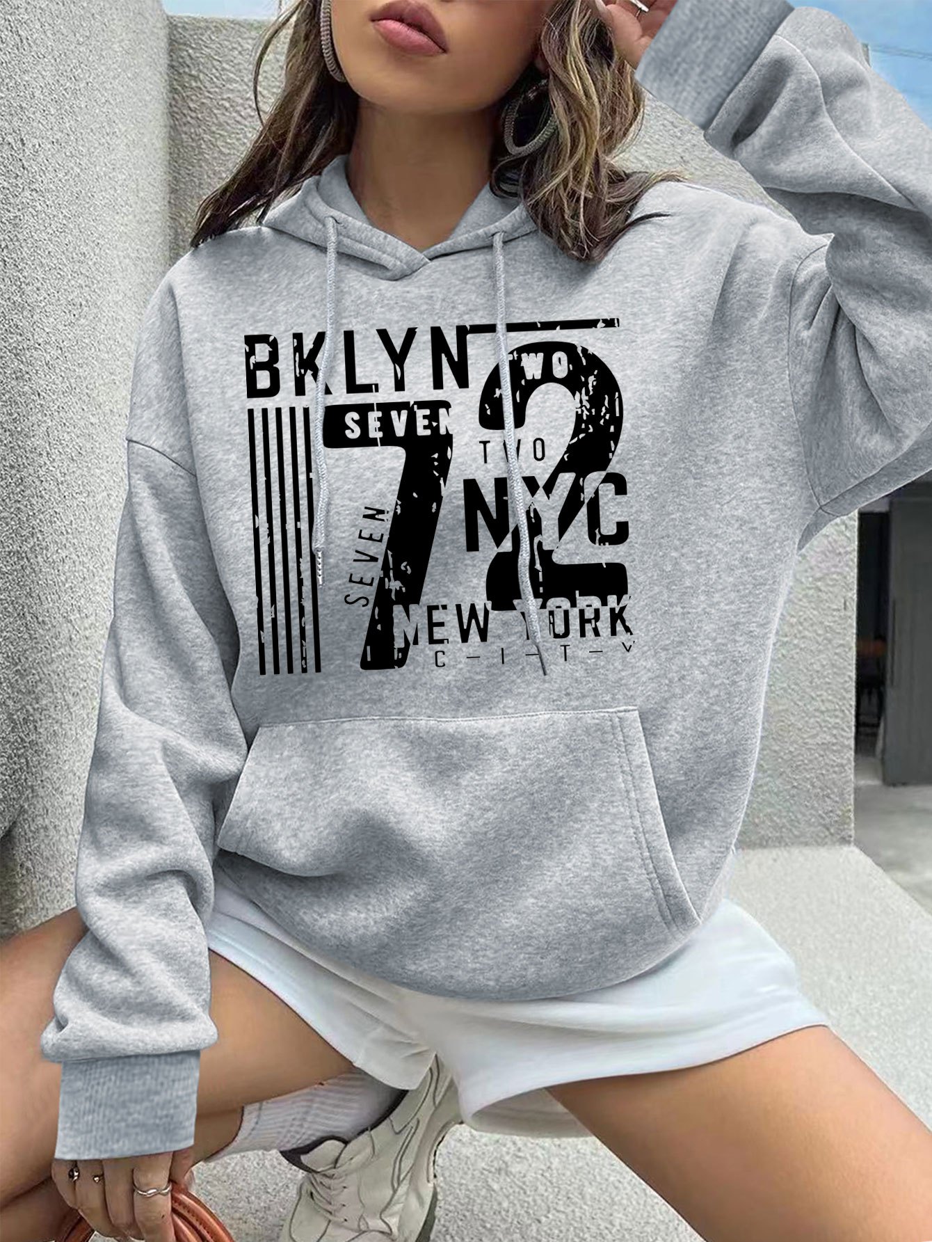 Letter Number Print Drawstring Sporty Hoodies Keep Warm Front