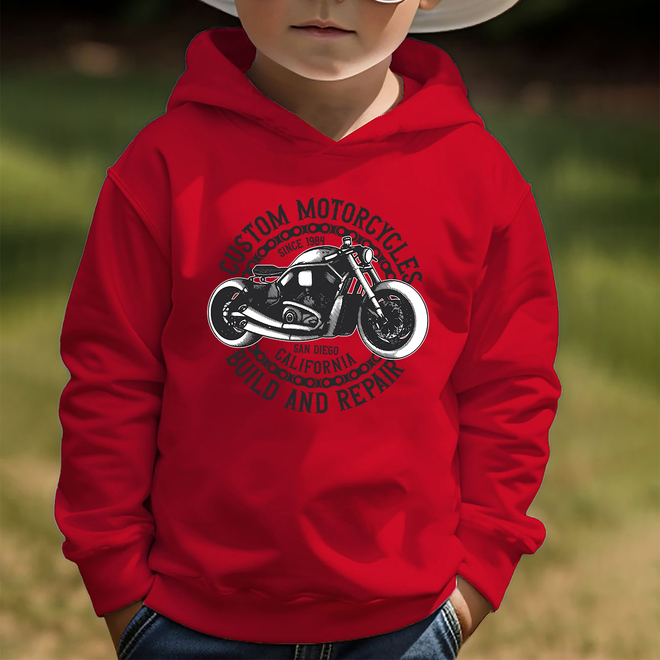 

Motorcycle Pattern Print Boys Kids Casual Creative Hoodie Pullover Sweatshirt, Hooded Long Sleeve Crew Neck Tops, Children's Trendy Clothing Outdoor