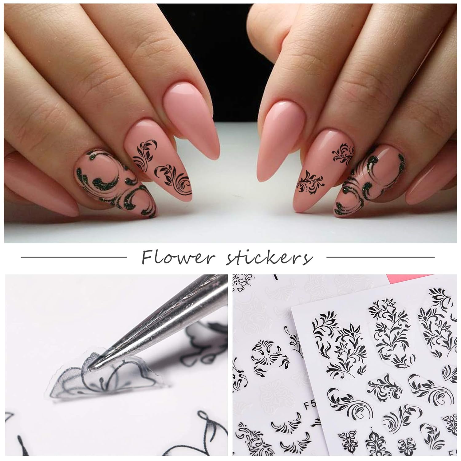 12 Sheets Retro Flower Nail Art Stickers Decal,Nail Supplies 3D  Self-Adhesive Nail Decals Leaves Vintage Flower Vine Letters Black White  Nail Design