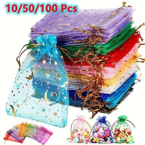 10pcs/50pcs, New Mixed Color Moon Star Drawstring Sheer Organza Bags, Jewelry Gift Bags Wedding Party Valentine's Day Cookie Bags