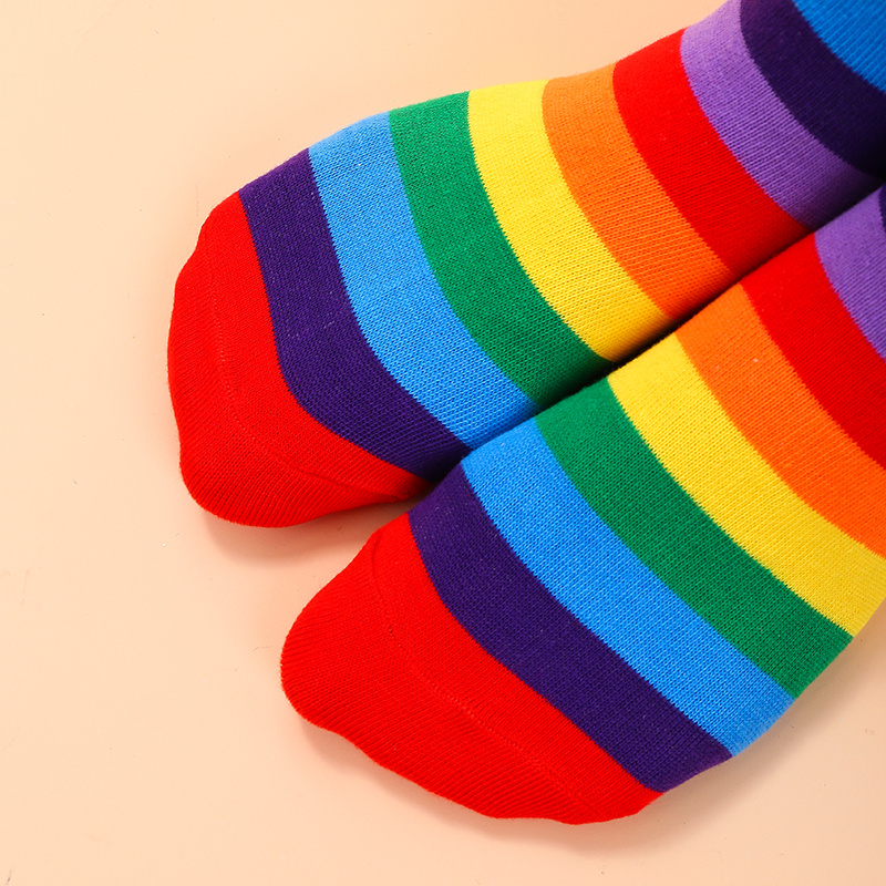 1 Pair Women's Rainbow Striped Over The Knee Long Socks, Hip Hops Winter  Warm Knee High Stockings
