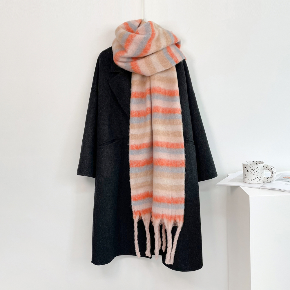 Temu Boho Contrast Color Striped Chunky Scarf Ladies Mohair Thickened Warm Tassel Long Scarf Autumn Winter Versatile Coldproof Daily Wear Wrapped Neck