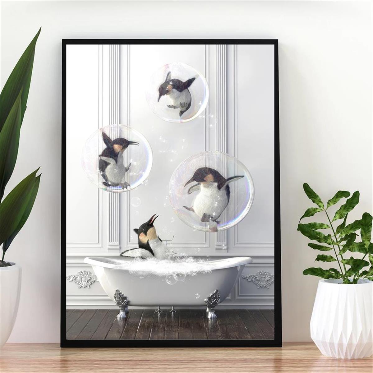 FM2018XSL Peinture sur Toile Noir et Blanc animal dans la baignoire  (40x50cm Pingouin Pas de cadre) : : Bricolage