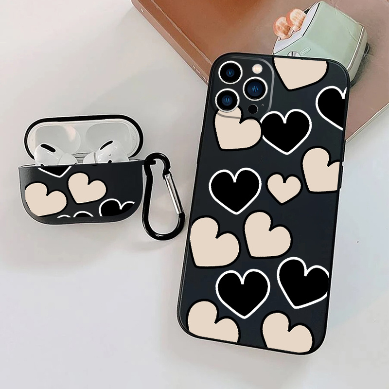 

1pc Case For Airpods 3 & 1pc Case Black Heart Graphic Phone Case For Iphone 15/11/14/13/12 Pro Max/xr/xs/7/8/6 Plus, For Airpods 3 Earphone Case Luxury Silicone Cover Soft Earphone Protective Case