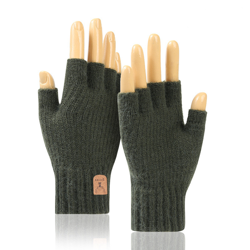 Men's Solid Fingerless Gloves, Winter Wear Warm Woolen Gloves for