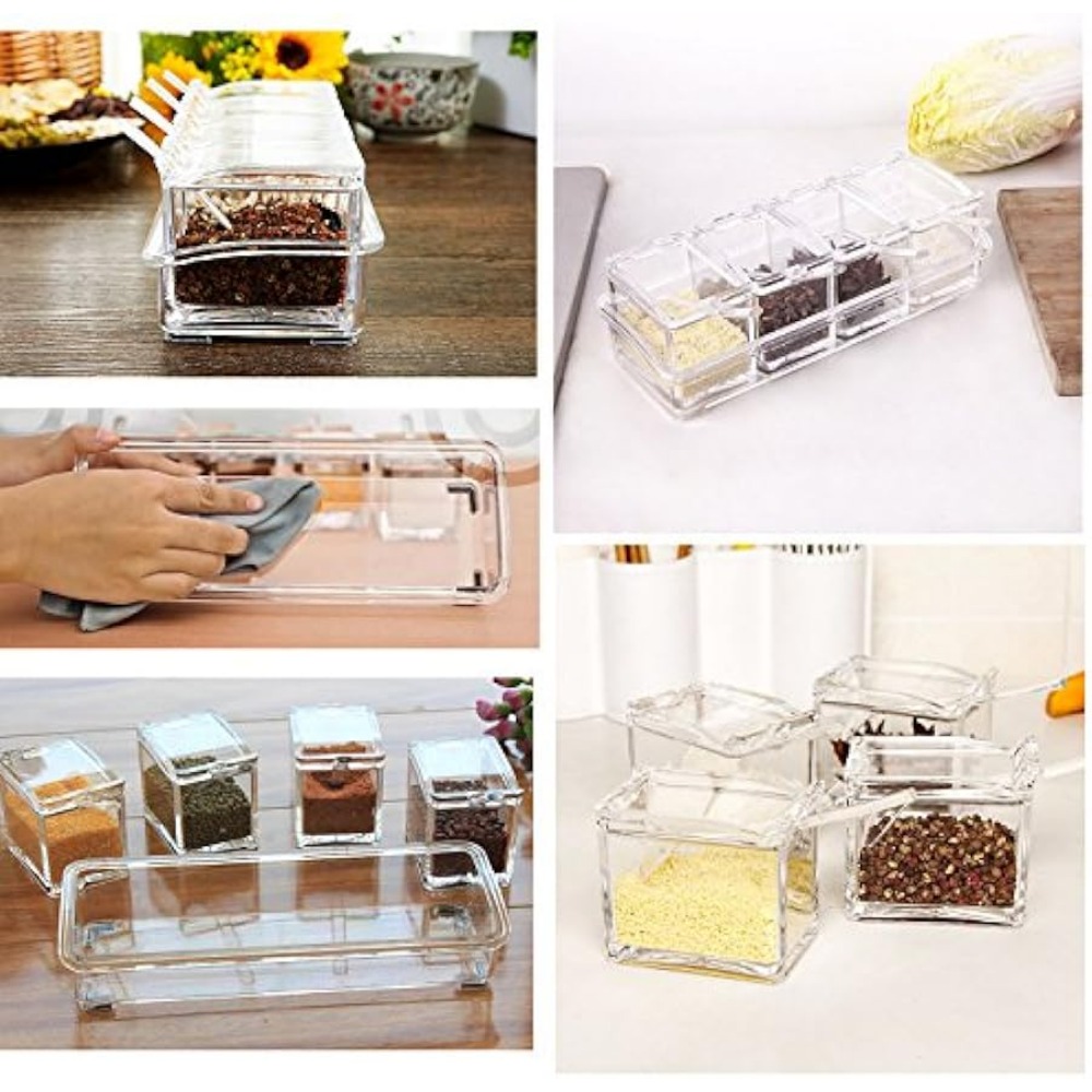 ME.FAN Clear Seasoning Rack Spice Pots - 4 Piece Acrylic Seasoning Box -  Storage Container Condiment Jars - Cruet with Cover and Spoon