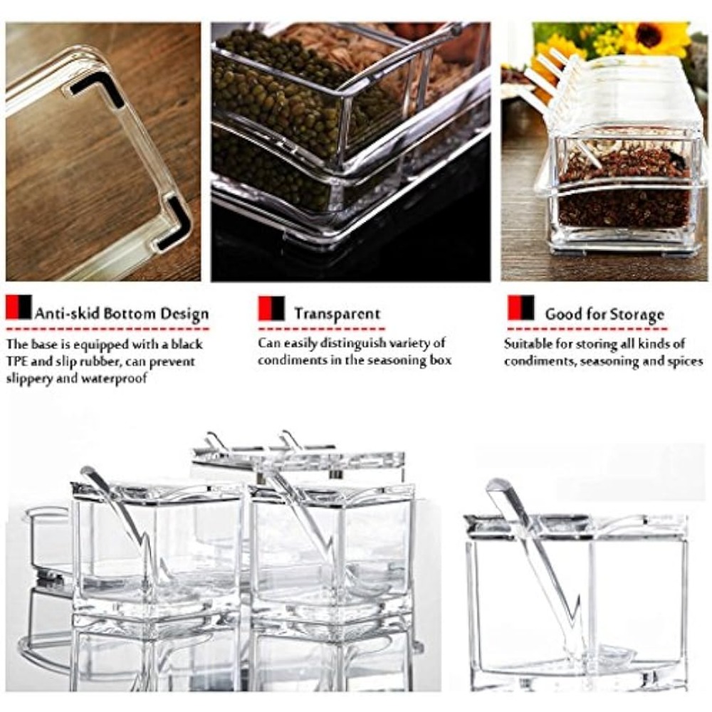 ME.FAN Clear Seasoning Rack Spice Pots - 4 Piece Acrylic Seasoning Box -  Storage Container Condiment Jars - Cruet with Cover and Spoon