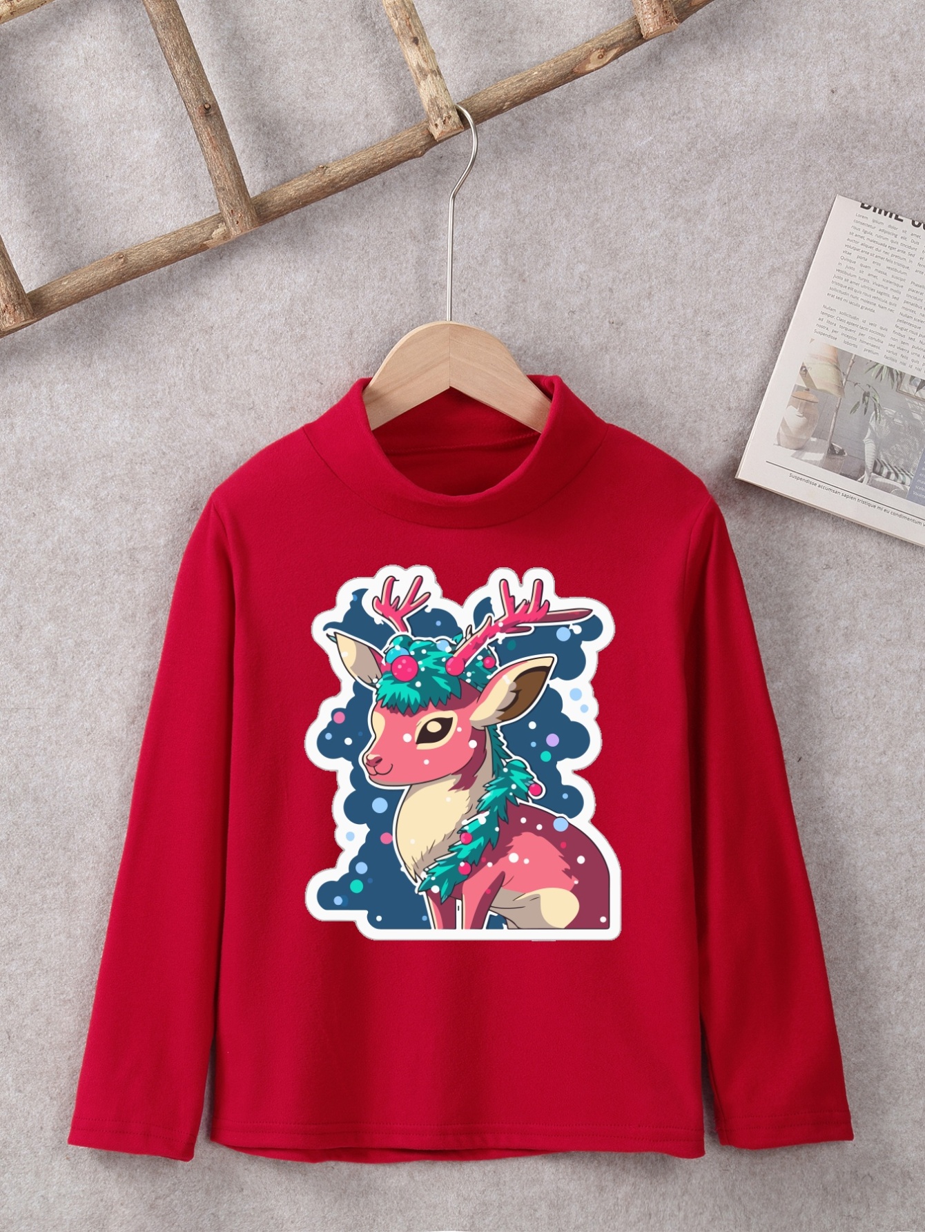 Winter Beautiful Deer Print Long Sleeve Half Turtleneck T Shirt