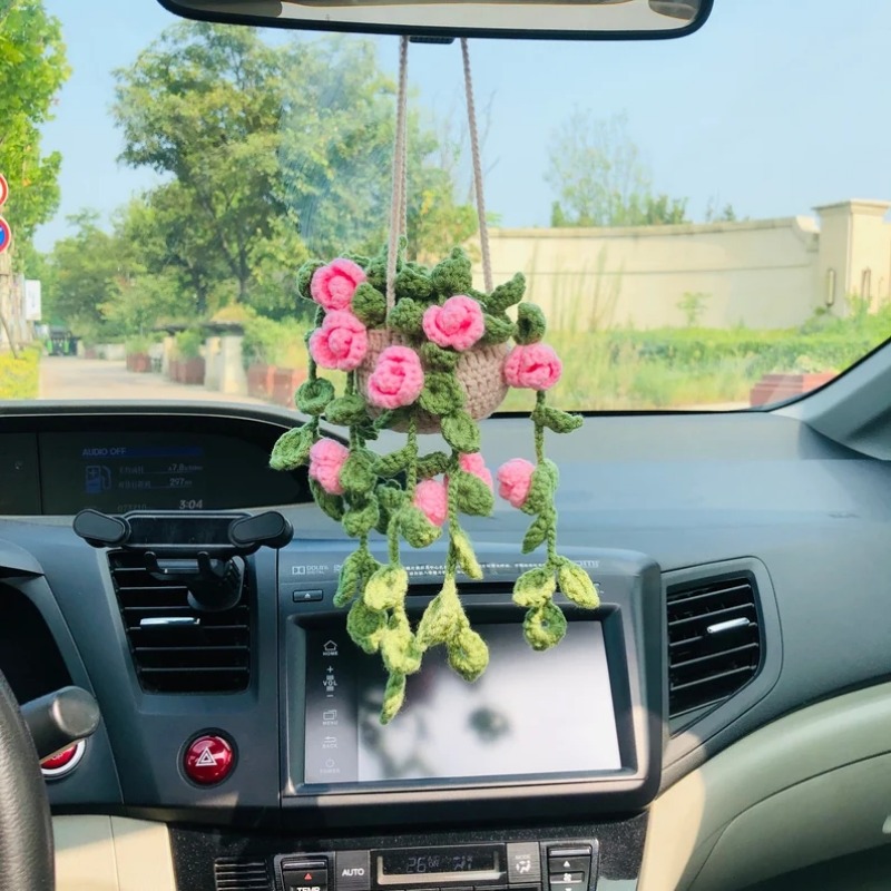 Upgrade Your Car's Style With A Cute Crochet Plant Car - Temu