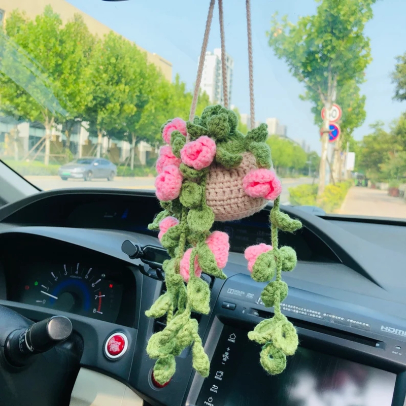 Fleurs au crochet à suspendre pour voiture, guirlande verte jade