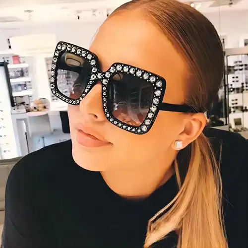 Square Thick Frame Sparkling Bling Rhinestone Crystal Sunglasses