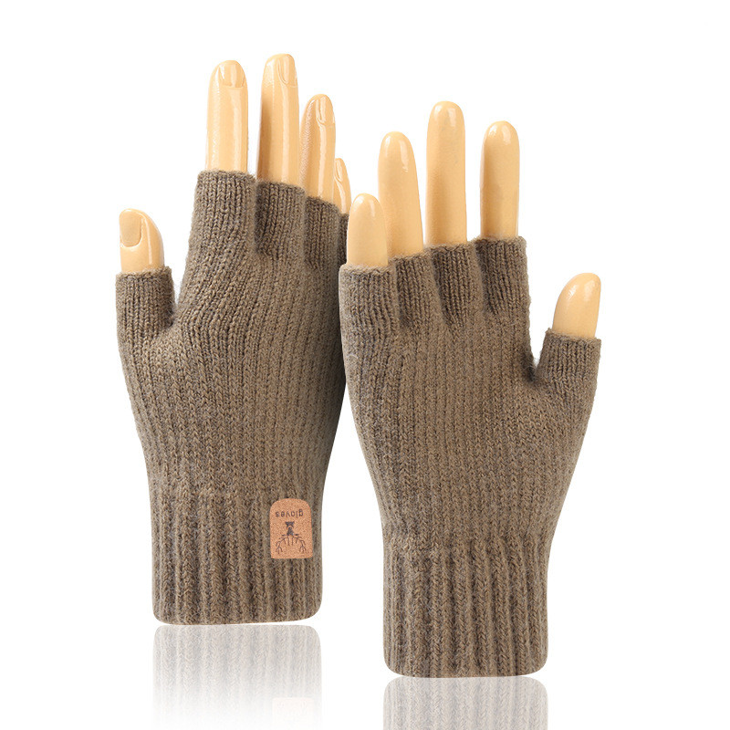 Half Finger Gloves Men's Hand Knit Brown & Green Striped Merino Wool Gloves  With Short Fingers 