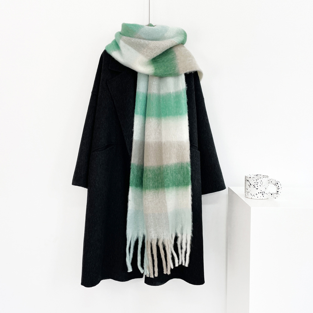 Temu Boho Contrast Color Striped Chunky Scarf Ladies Mohair Thickened Warm Tassel Long Scarf Autumn Winter Versatile Coldproof Daily Wear Wrapped Neck