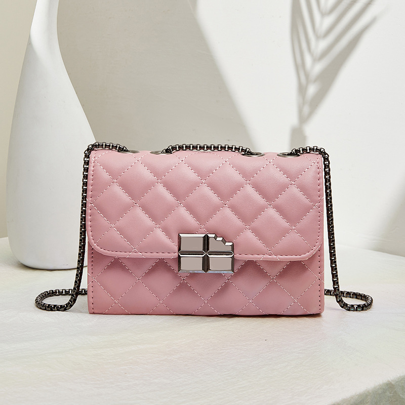 Argyle Quilted Pink Handbag Metal Decor Crossbody Bag Women's