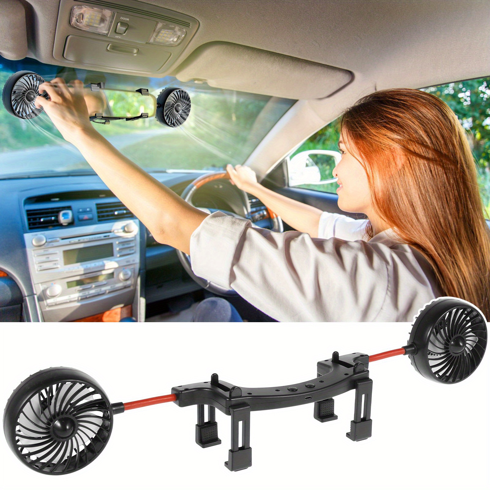 Car Rear View Mirror Dual Head Fan Clip Usb Powered Car - Temu