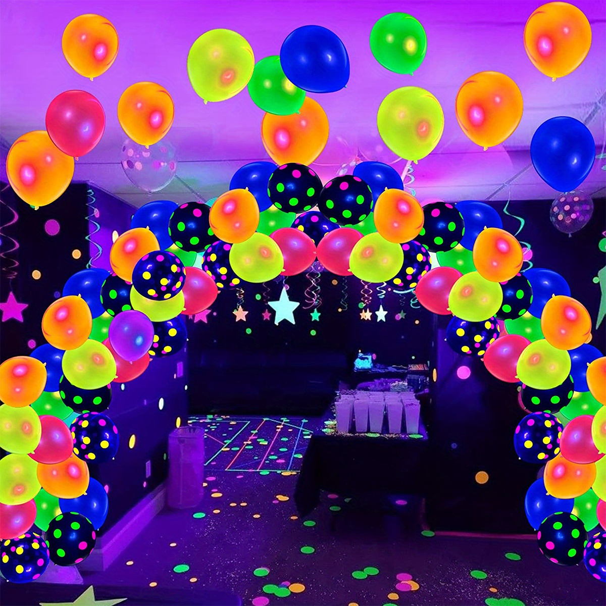 50pcs 12inch Neon Glowing Balloons Thickened Balloons Stars Dot Happy  Birthday Print Balloons Glow In Uv Light Fluorescent Latex Ballons Birthday  Wedding Blacklight Theme Party Decor Easter Gift