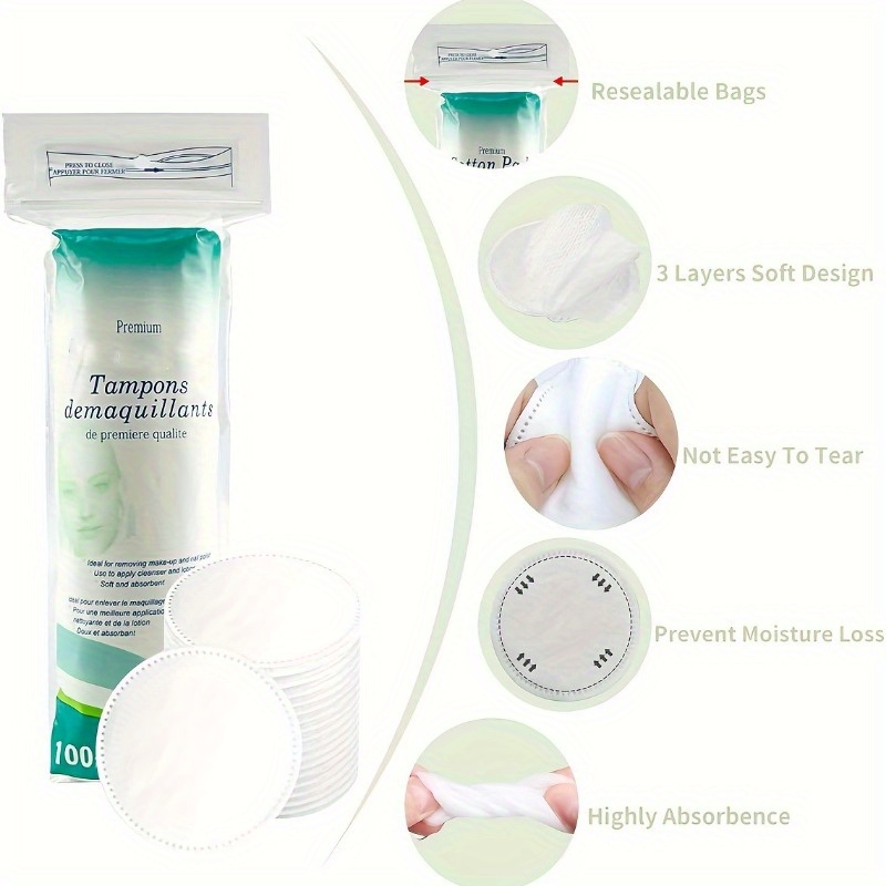 100 Count Cotton Rounds Makeup Remover Cotton Pads Hypoallergenic Lint
