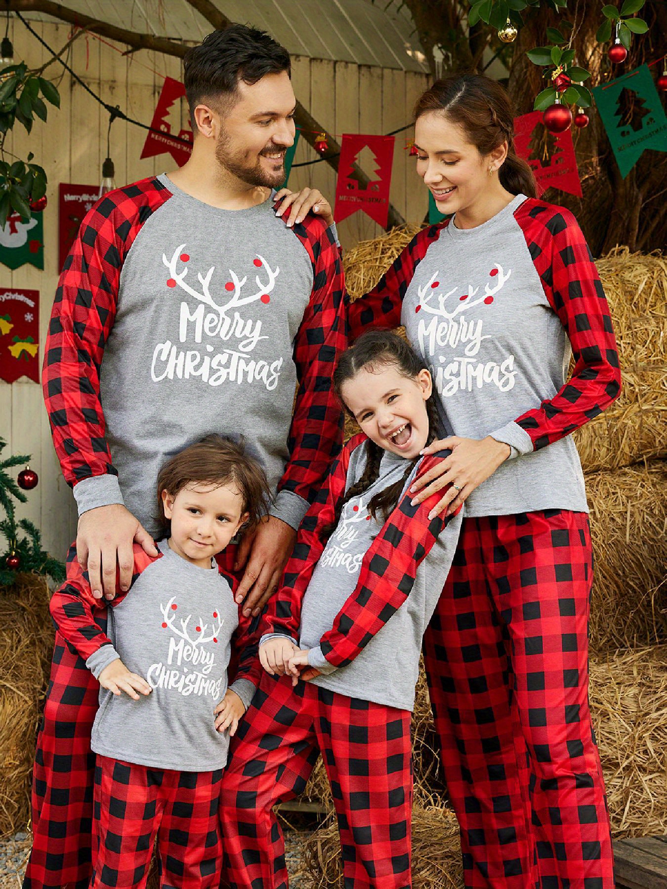 PatPat Merry Christmas Antler Letter Print Plaid Design Family Matching  Pajamas Sets (Flame Resistant)