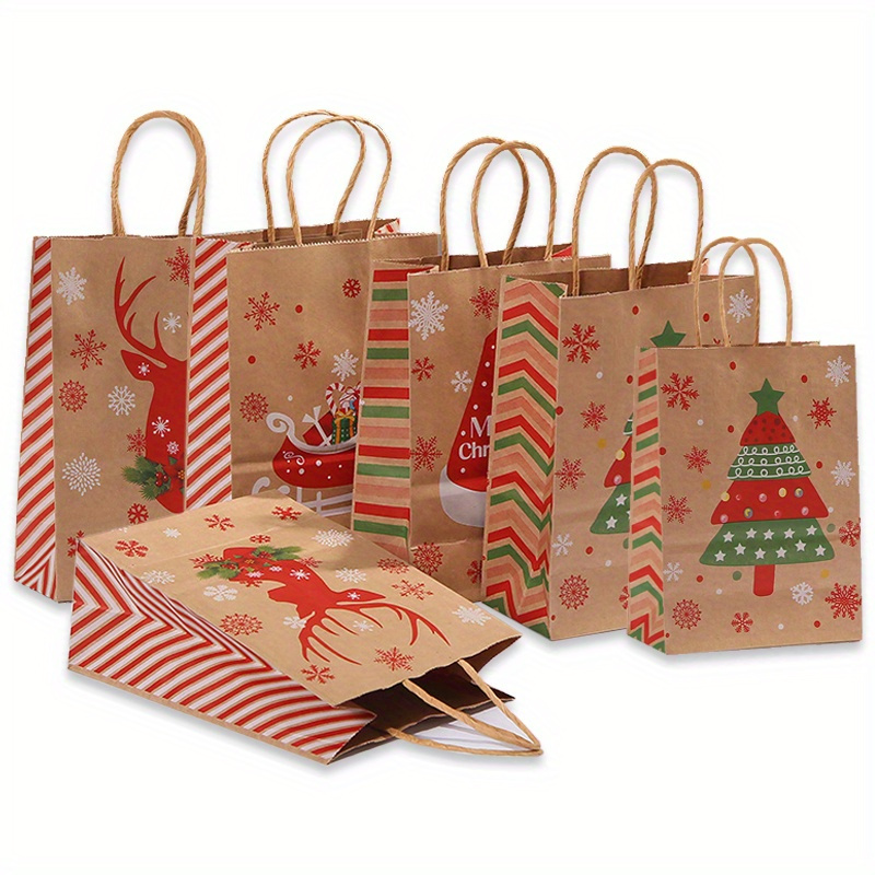 Lot of 8 Brown Paper Winter Holiday Marry Christmas Gift Bags with