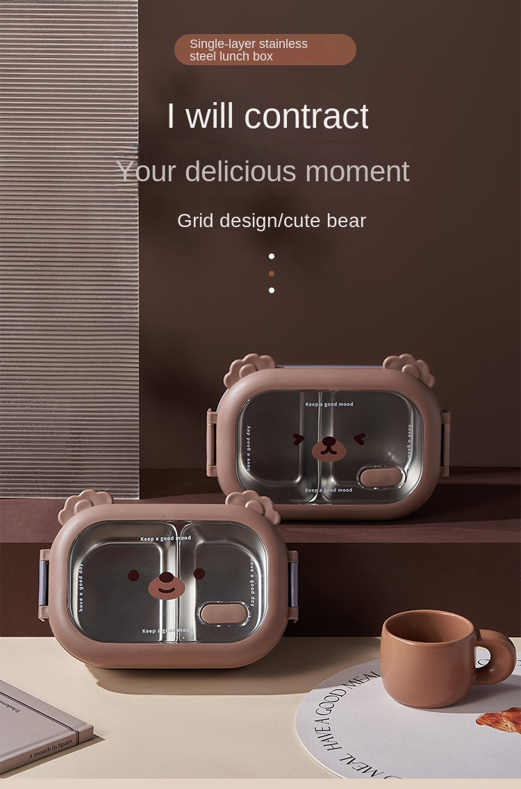 2pcs/set Cute Bear Pattern Insulated Lunch Box With Bag & Utensils