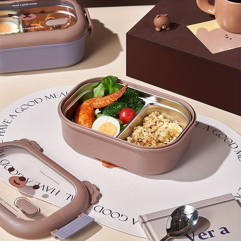 2pcs/set Cute Bear Pattern Insulated Lunch Box With Bag & Utensils