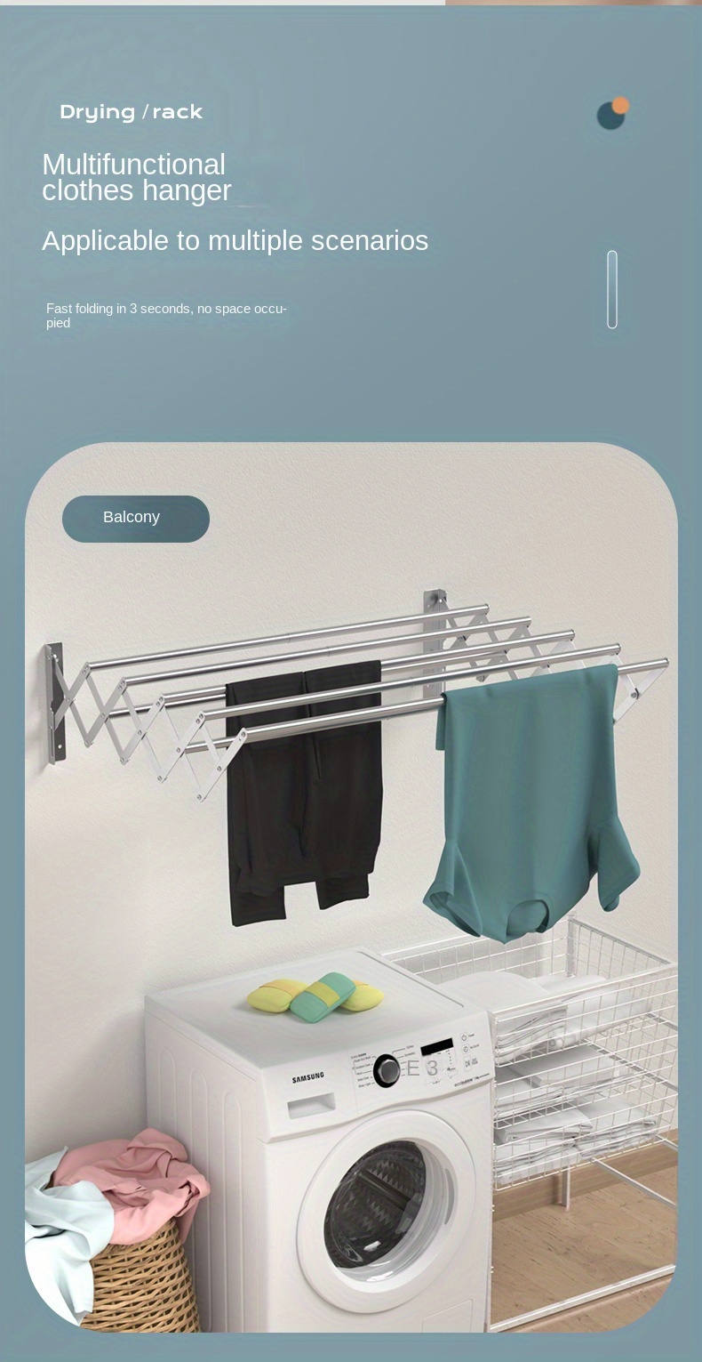 1pc wall mounted clothes drying rack multi functional space saving collapsible laundry drying rack with towel bar details 4