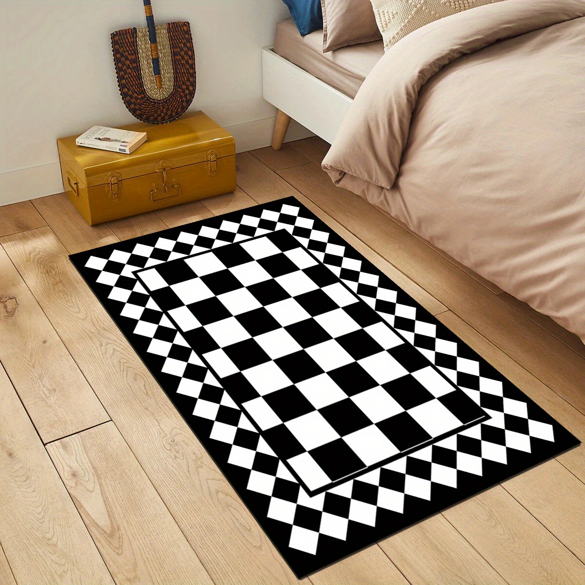 Black And White Checkered Pattern Area Rug Machine Washable - Temu