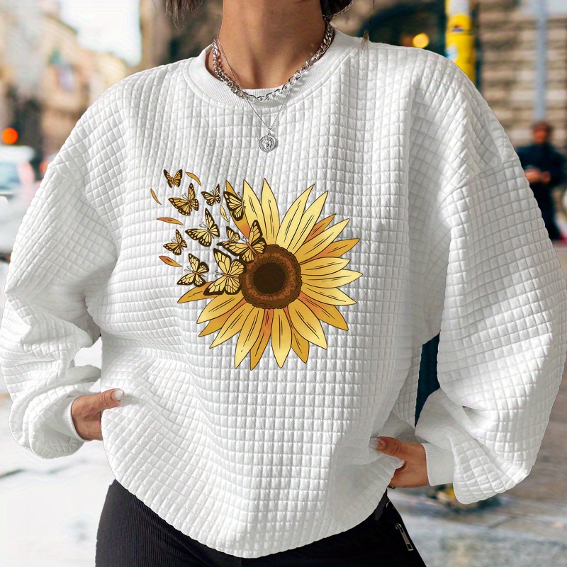 

Sunflower Print Waffle Sweatshirt, Casual Long Sleeve Crew Neck Sweatshirt, Women's Clothing