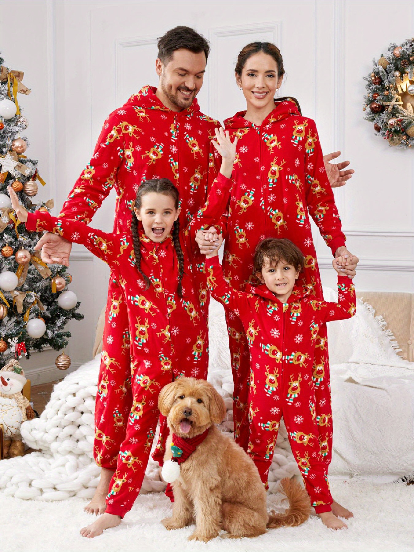 Unisex Adult Matching Family Christmas Long Sleeve Bear Buffalo Plaid  Hooded Top And Fleece Pants Pajamas