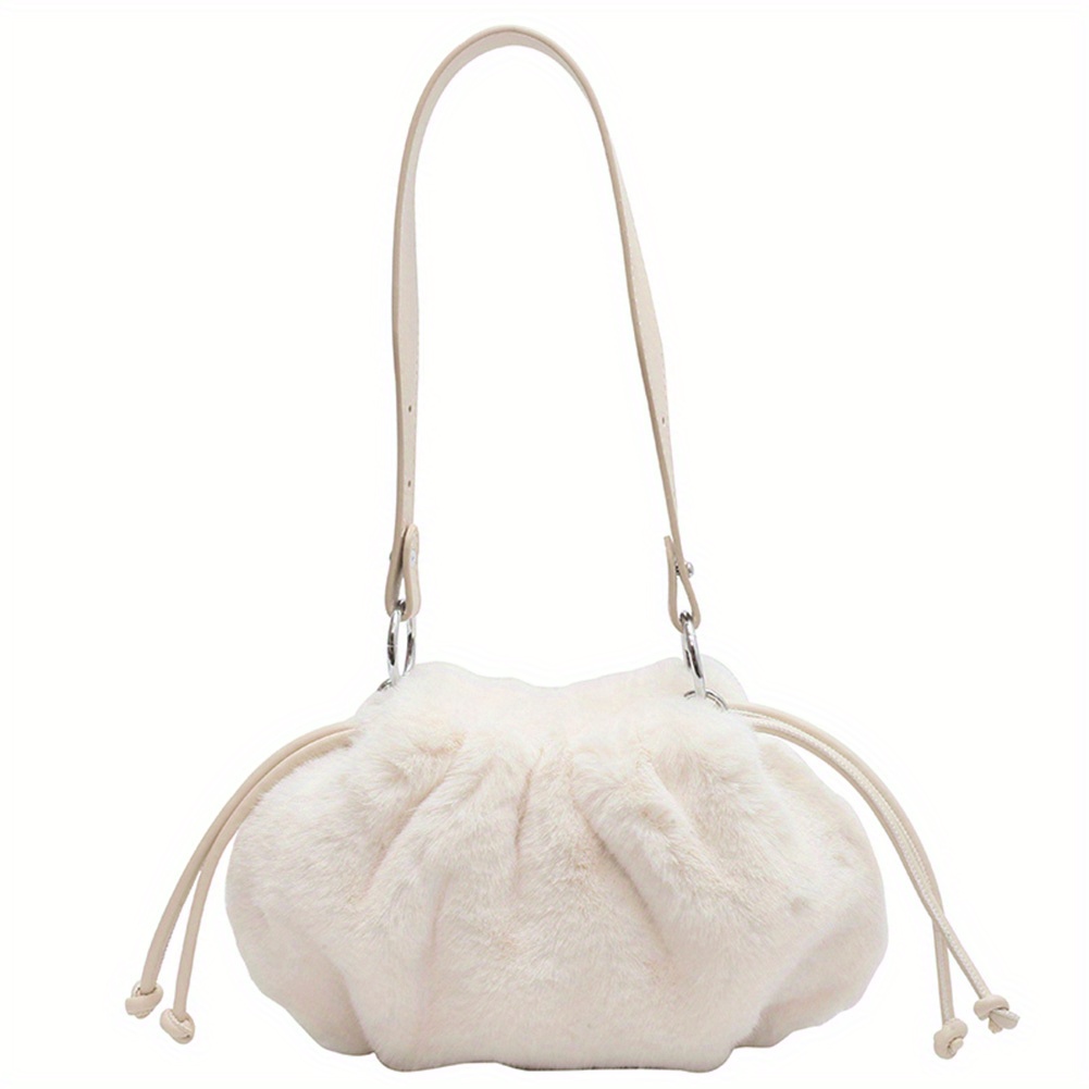 Cloud Ruched Plush Shoulder Bag, Y2k Faux Fur Drawstring Purse