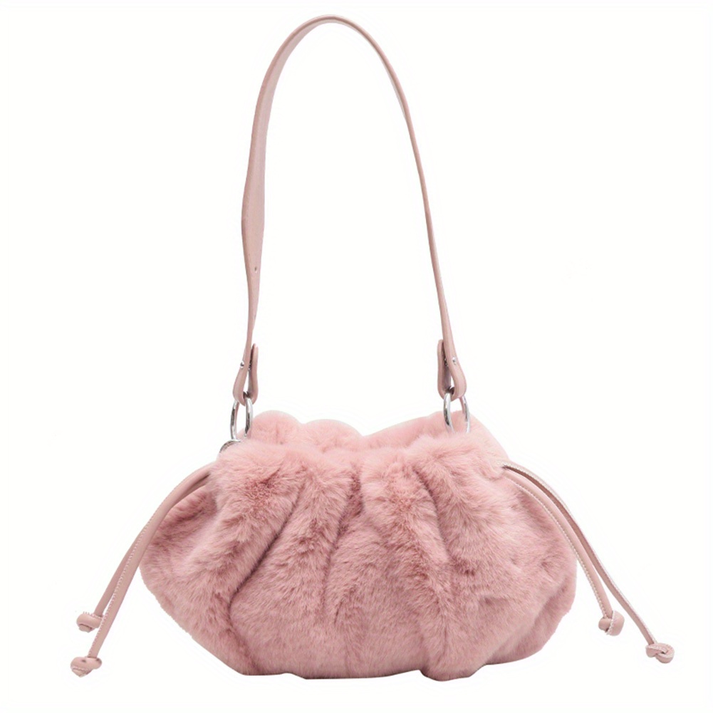 Cloud Ruched Plush Shoulder Bag, Y2k Faux Fur Drawstring Purse