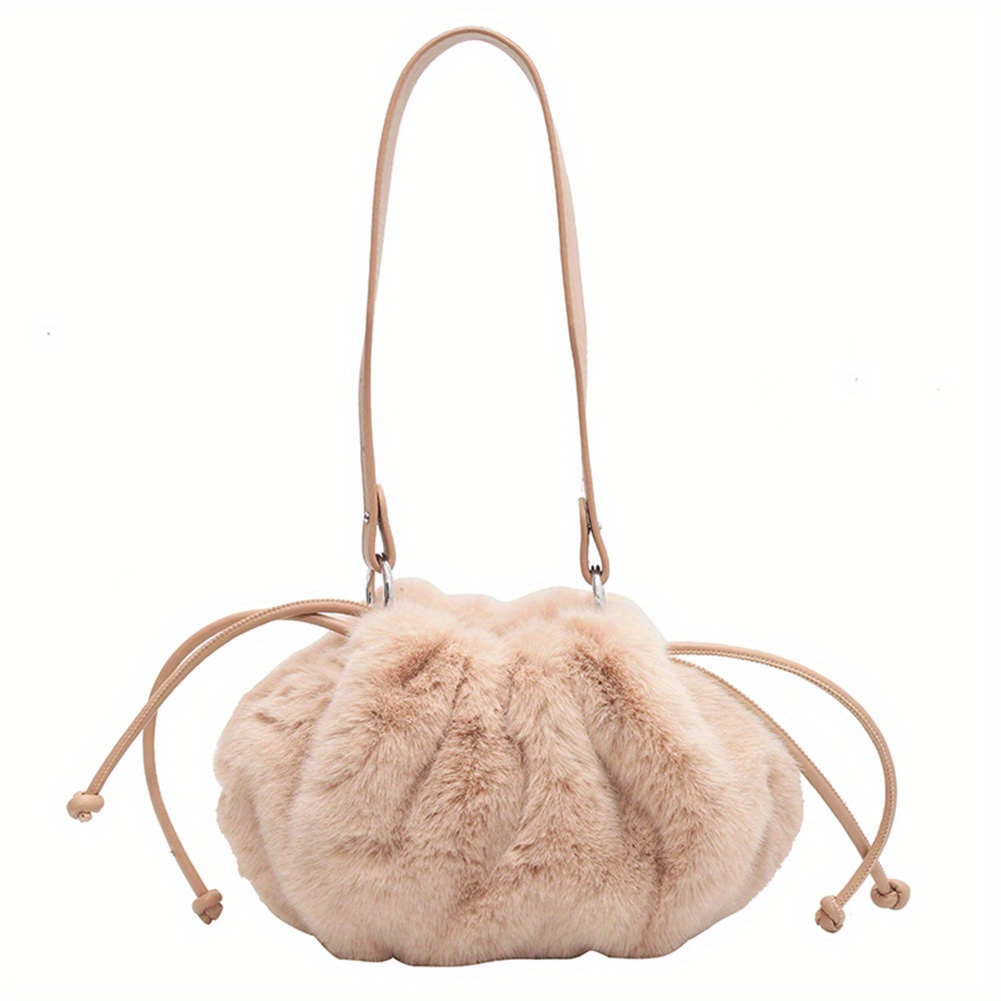 Cloud Ruched Plush Shoulder Bag, Y2k Faux Fur Drawstring Purse