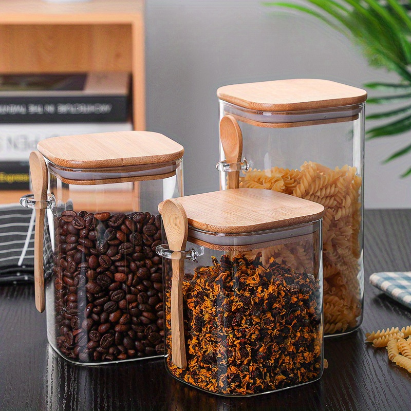 Glass Jar With Lid And Spoon Glass Jars With Bamboo Lids - Temu