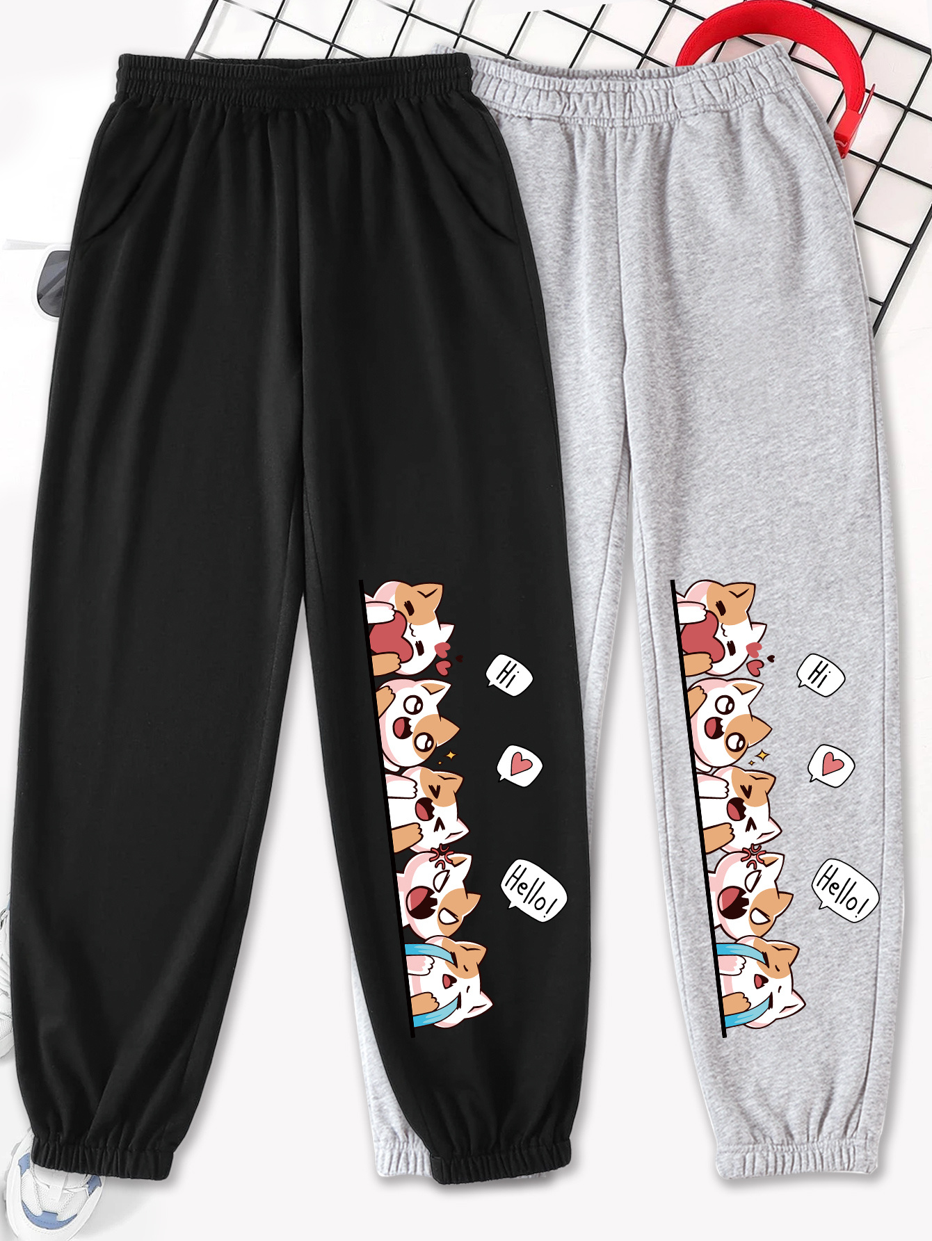 2pcs Cartoon Kitty Print Girls Sweatpants Elastic Waist Joggers Adorable &  Casual Pants