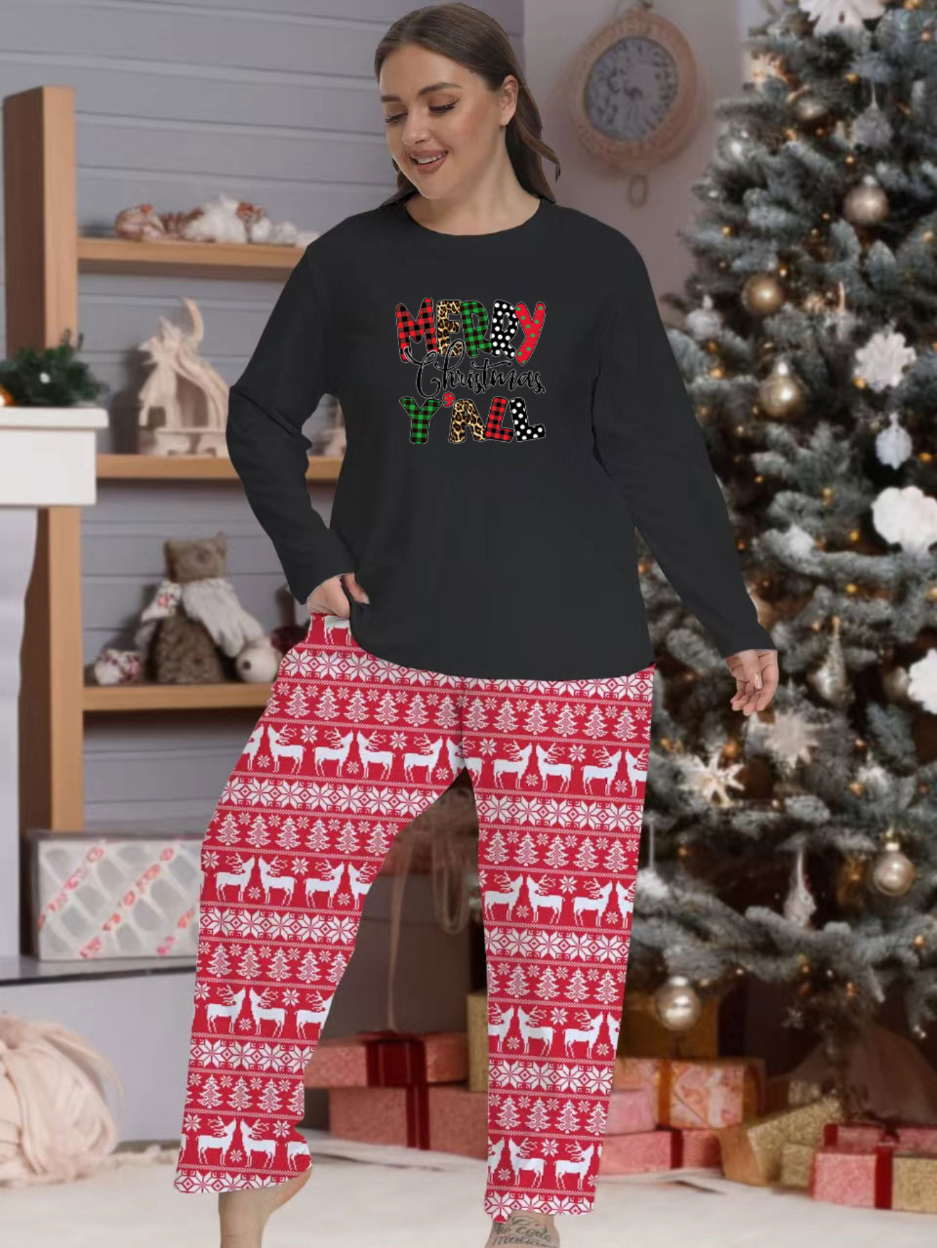 Plus Size Christmas Casual Pajamas Set, Women's Plus Christmas Hat