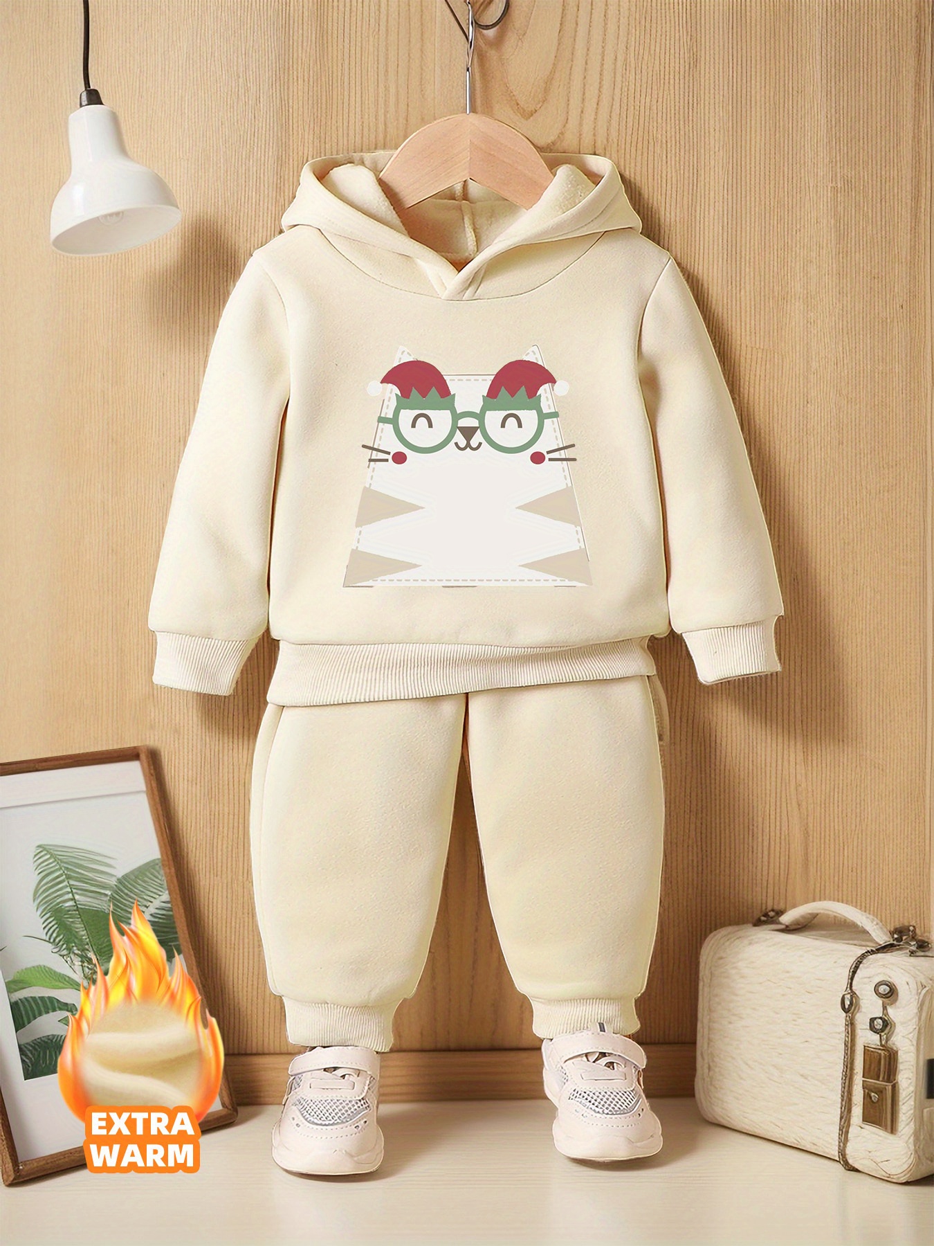 Girls Boys Warm Thickened Fleece Tops Pants Cartoon Cat - Temu