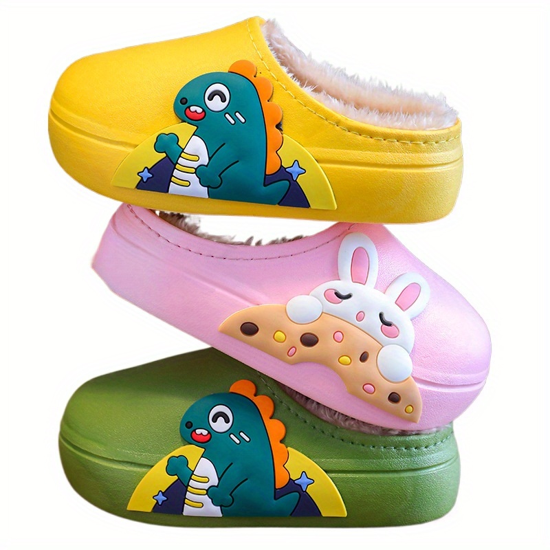 Cute Cartoon Slip On Plus Fleece House Shoes For Boys, Comfortable Non Slip Soft Bottom Walking Shoes For Indoor, Autumn And Winter