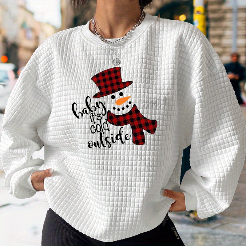 

Snowman & Letter Print Waffle Sweatshirt, Casual Long Sleeve Crew Neck Sweatshirt, Women's Clothing