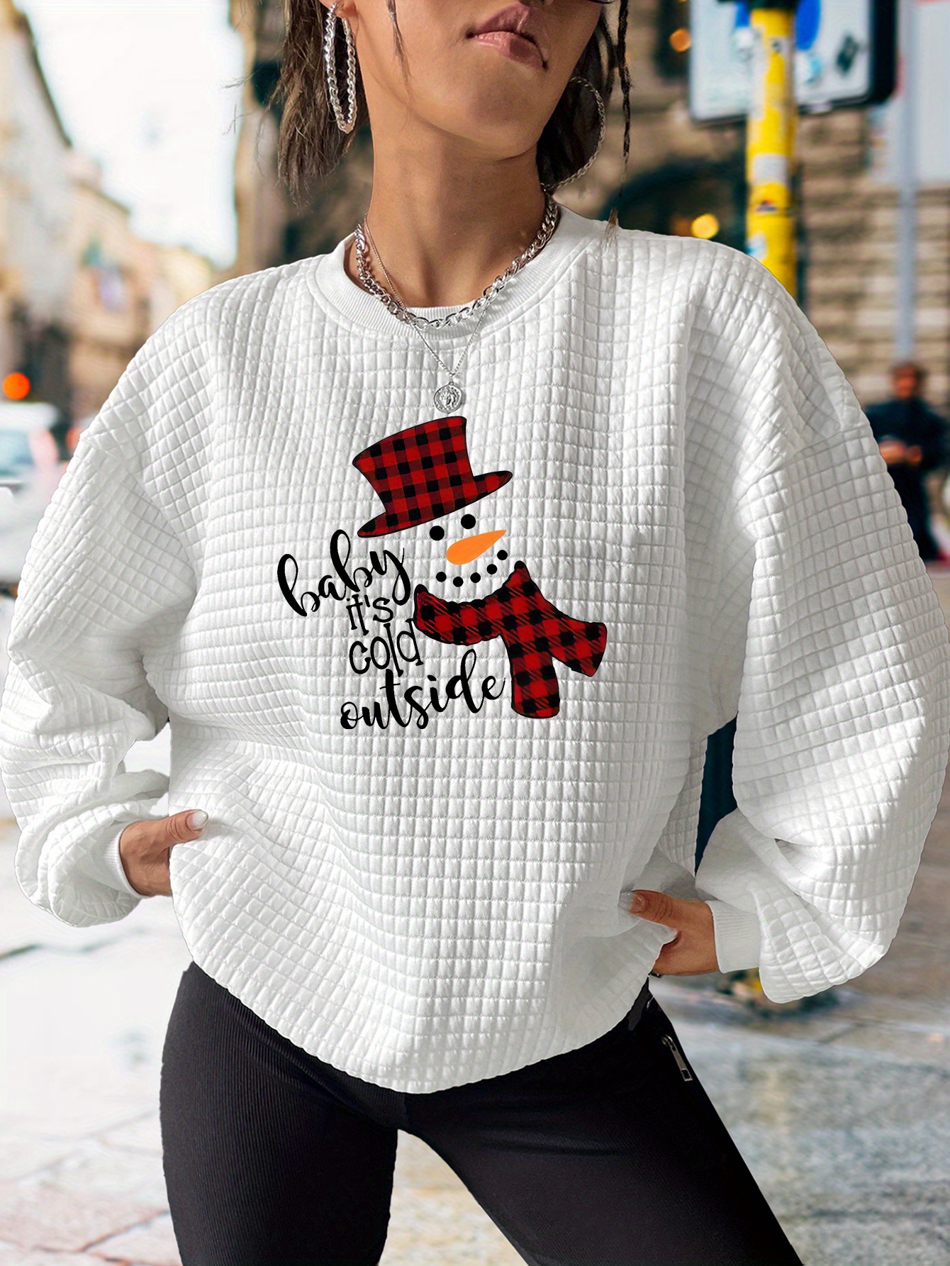 Christmas Santa Claus Letter Print Waffle Knit Sweatshirt - white / S