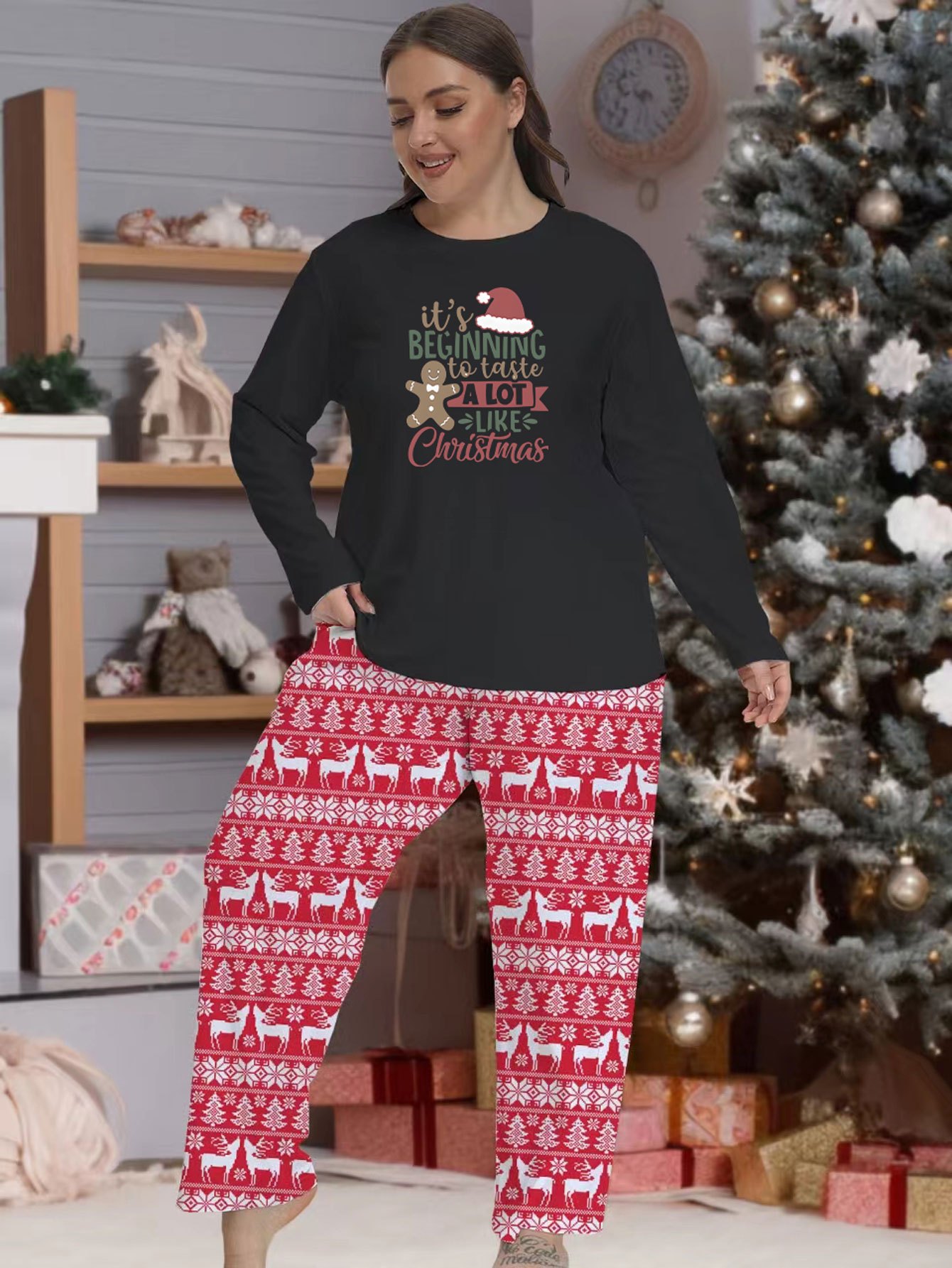 Plus Size Christmas Party Pajamas Set, Women's Plus Gingerbread Man Print  Long Sleeve Satin Shirt & Pants Lounge 2 Piece Set